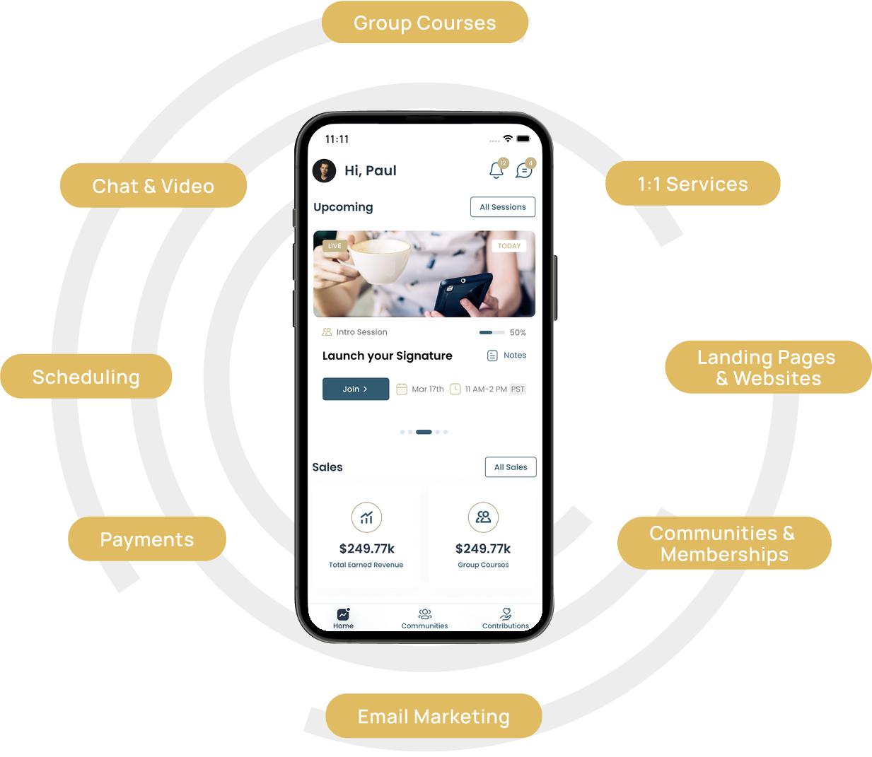 The Cohere platform on a phone surrounded by feature labels