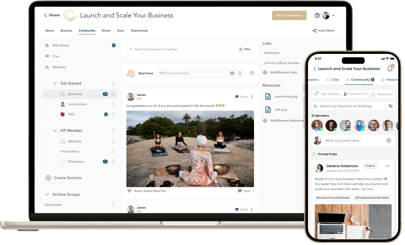 A Cohere community feed on a laptop and the same community in the mobile app