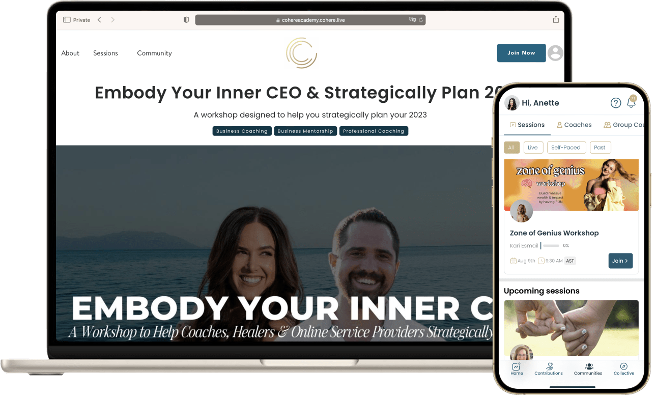 A Cohere workshop landing page on a laptop and the client session list on a phone