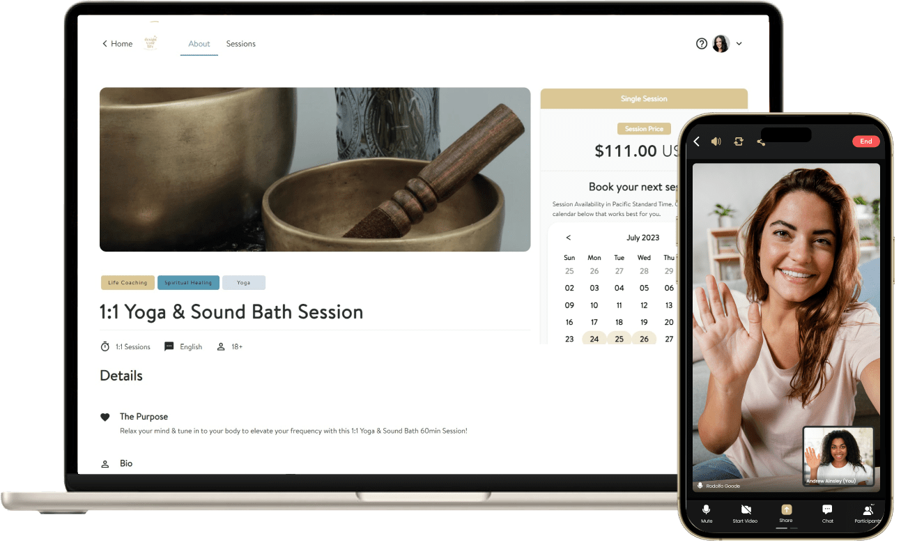 A Cohere 1:1 session page and live video call shown on laptop and phone