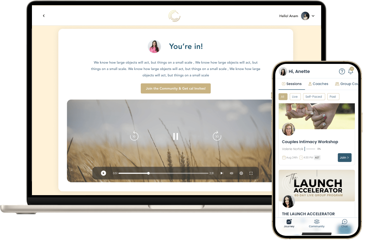 A Cohere thank you page with welcome video on a laptop and a client session list in the mobile app