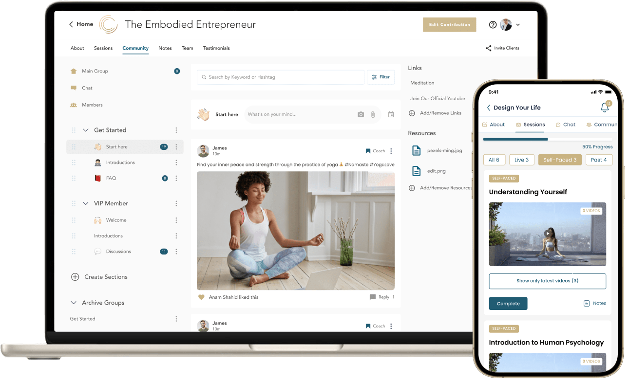 A Cohere group course community and session list shown on laptop and phone