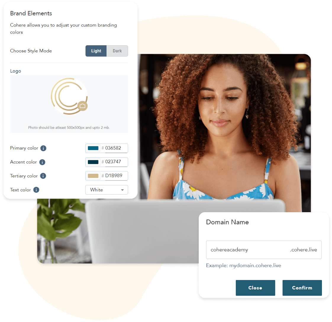 Cohere brand settings with custom colors, logo upload, and a free domain name