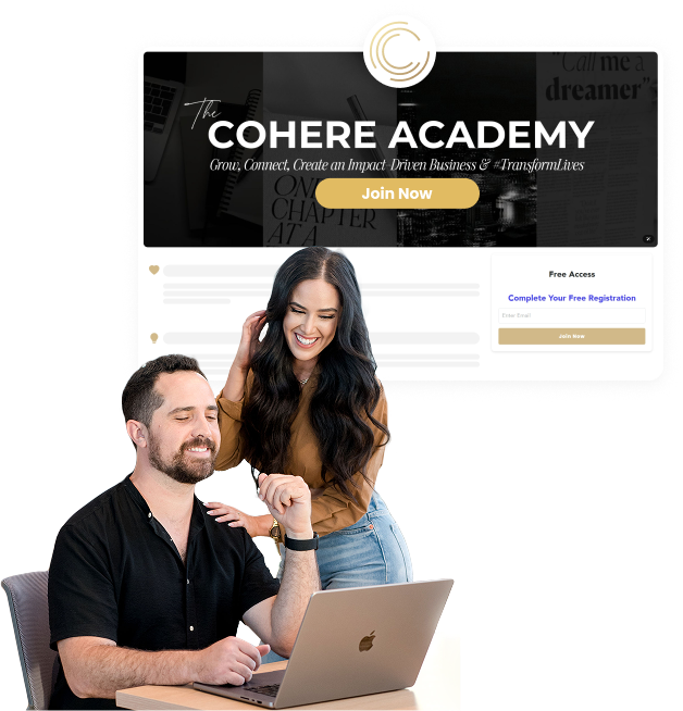 The Cohere Academy registration page open on a laptop with two coaches smiling