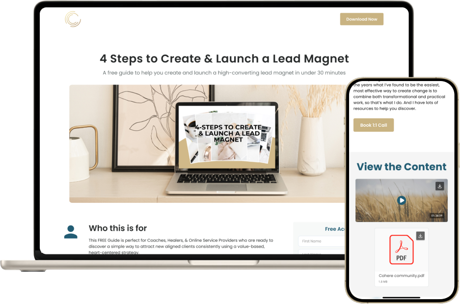 A Cohere lead magnet landing page on a laptop and the downloadable content in the mobile app