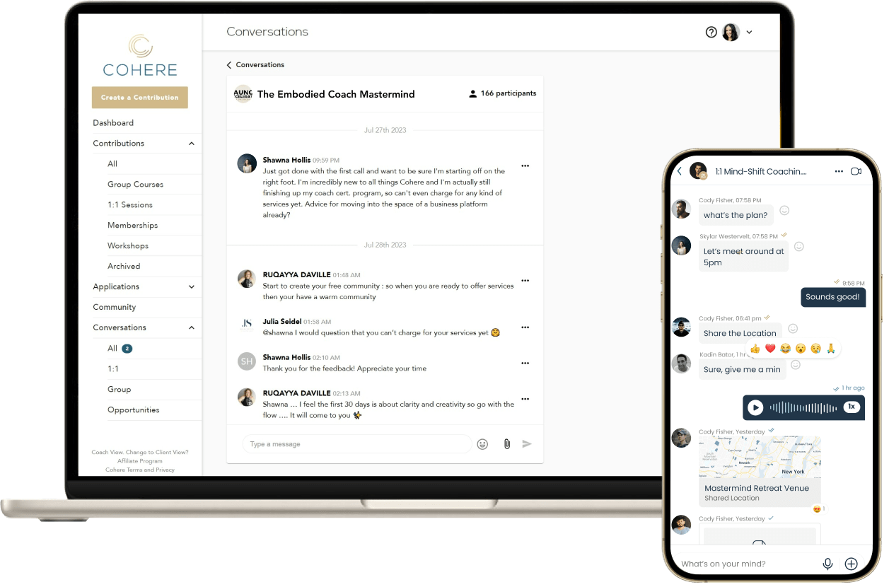 Cohere conversations on a laptop and a 1:1 chat thread in the mobile app