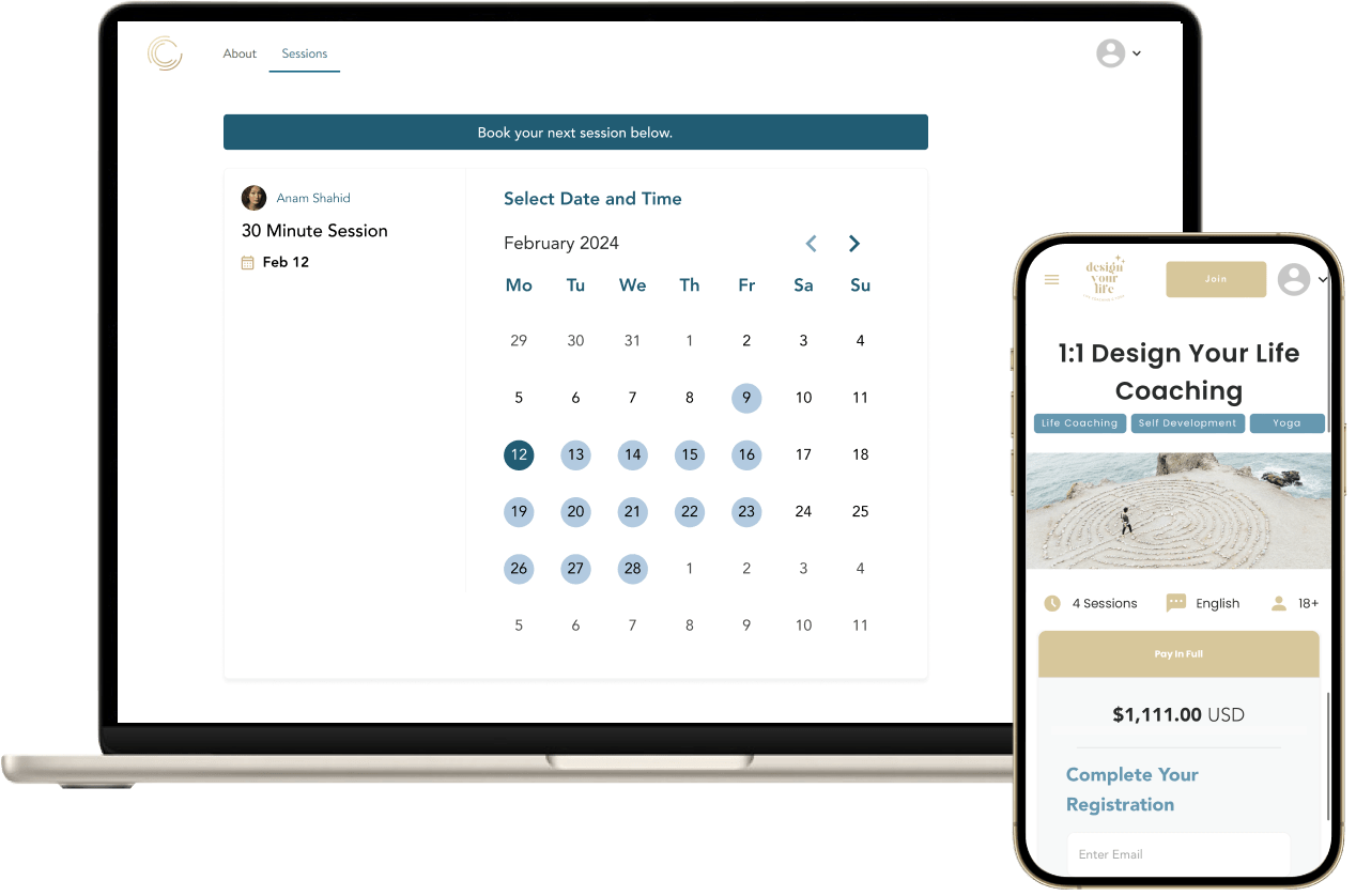 A Cohere booking calendar on a laptop and a 1:1 coaching service page in the mobile app