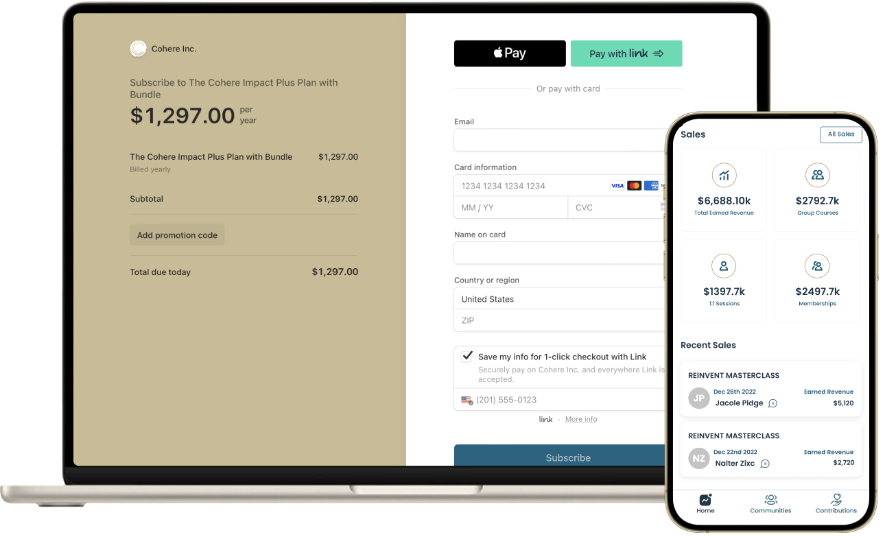 A branded Cohere checkout on a laptop and a sales dashboard in the mobile app