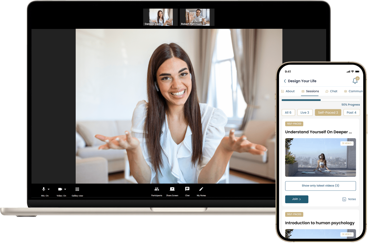 A Cohere live video call on a laptop and a session list in the mobile app