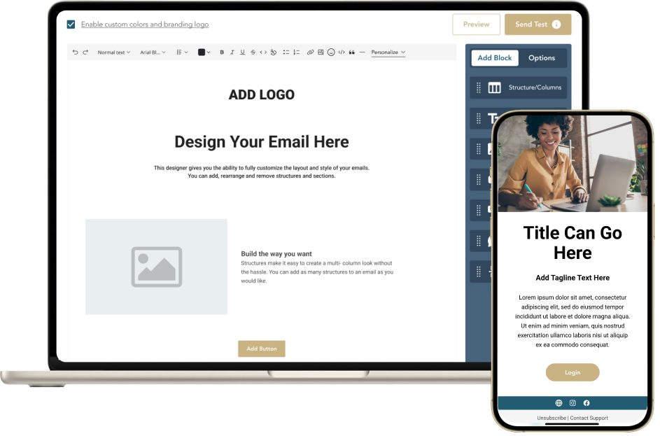 The Cohere email designer on a laptop and a finished branded email on a phone